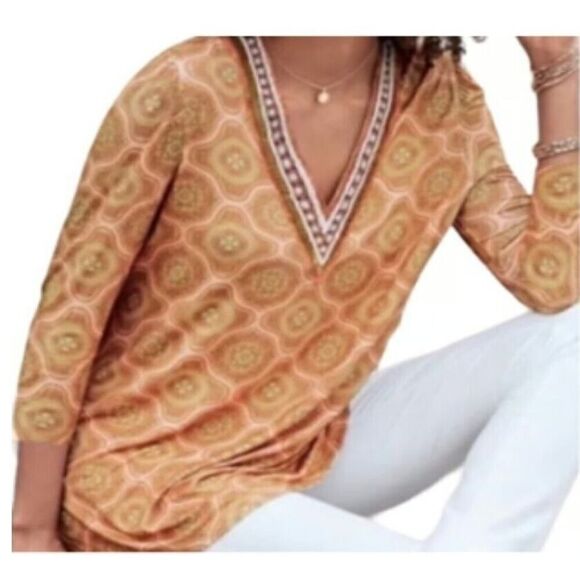 Soft Surroundings Lillia Beaded V-Neck Tile Print Tunic Top Size XL Boho Hippie - Picture 1 of 11
